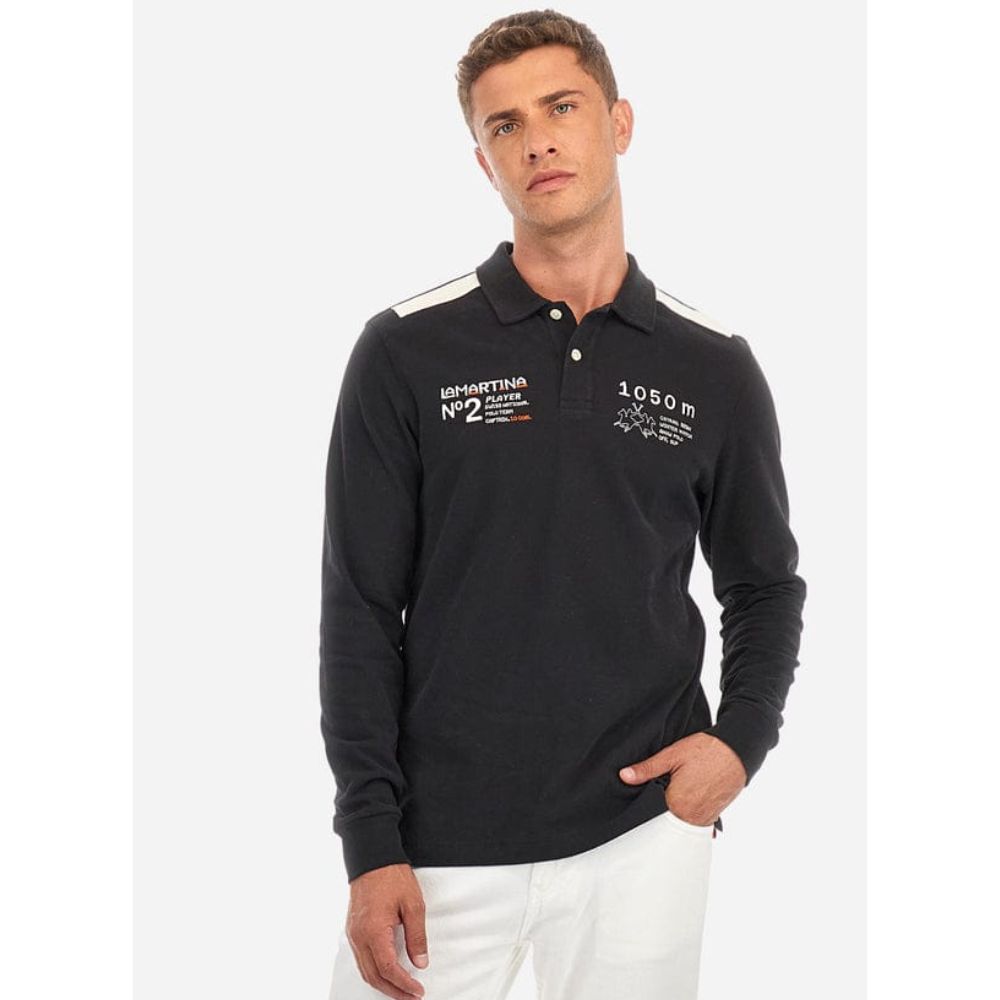 LA MARTINA REGULAR FIT BLACK LONG SLEEVED MEN POLO